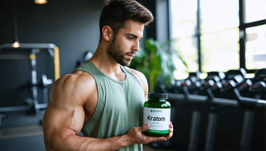 A fitness influencer consuming kratom in a gym setting, surrounded by workout equipment