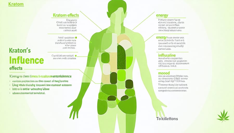 Conceptual diagram showing how kratom interacts with the human body to enhance energy and mood