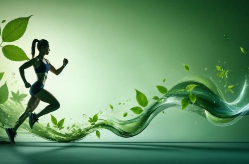 A conceptual illustration showing the transformation of kratom leaves into energy trails leading to an athletic silhouette, symbolizing the integration of kratom into a fitness routine.