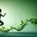 A conceptual illustration showing the transformation of kratom leaves into energy trails leading to an athletic silhouette, symbolizing the integration of kratom into a fitness routine.