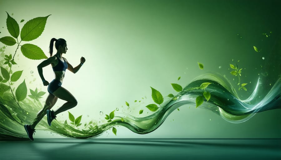 A conceptual illustration showing the transformation of kratom leaves into energy trails leading to an athletic silhouette, symbolizing the integration of kratom into a fitness routine.