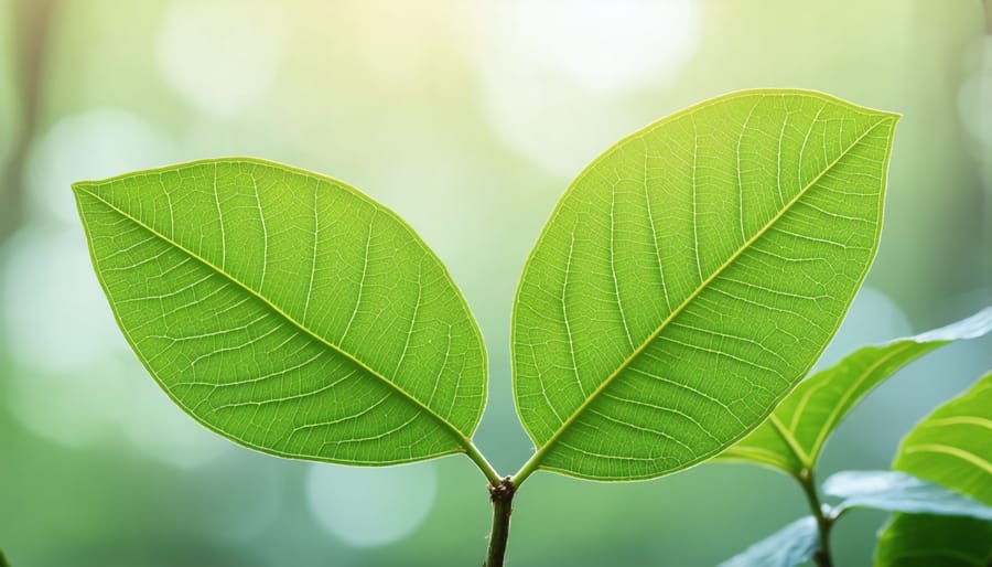 Mature green kratom leaves hanging from a branch, endemic to Southeast Asia