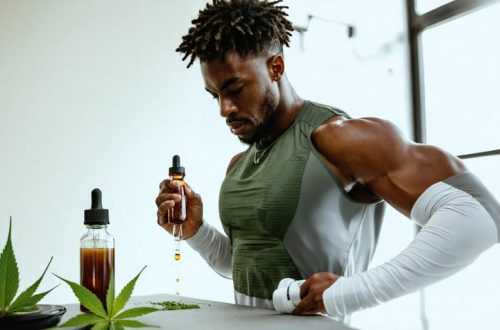 "Fitness enthusiast incorporating CBD oil into their workout routine, linking natural wellness with physical performance."