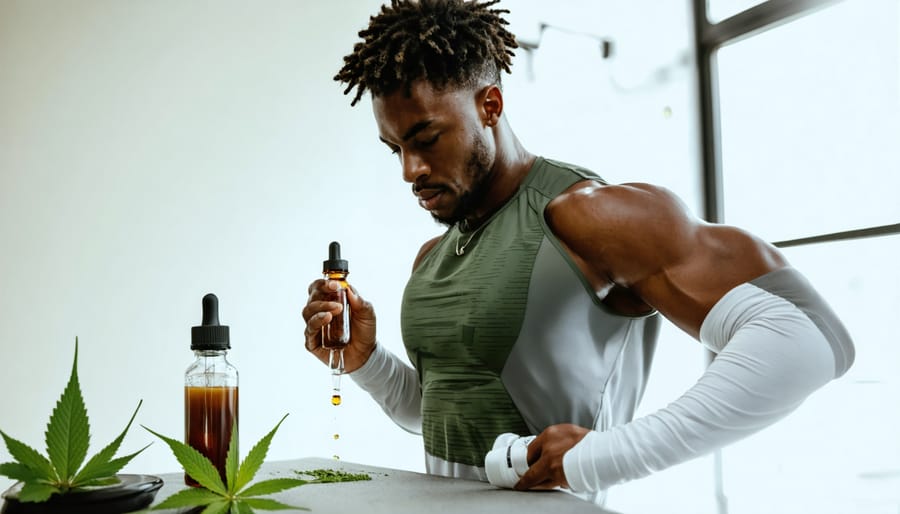 "Fitness enthusiast incorporating CBD oil into their workout routine, linking natural wellness with physical performance."