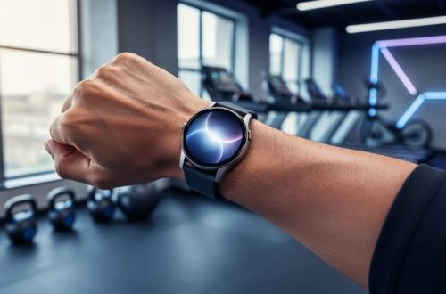 Close-up of an athletic person wearing a modern smartwatch with a softly glowing screen, hand poised to tap, with treadmills and kettlebells blurred in a gym background.