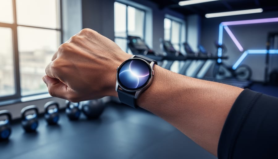 Close-up of an athletic person wearing a modern smartwatch with a softly glowing screen, hand poised to tap, with treadmills and kettlebells blurred in a gym background.
