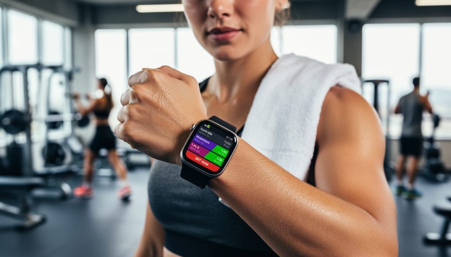 Fitness enthusiast checking smartwatch while resting at gym