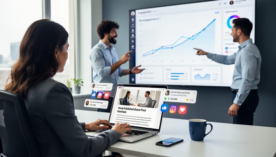 Woman in stylish activewear taking photo to share fitness content on social media