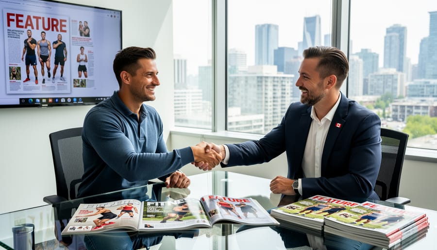 Two fitness professionals collaborating on content strategy in modern workspace