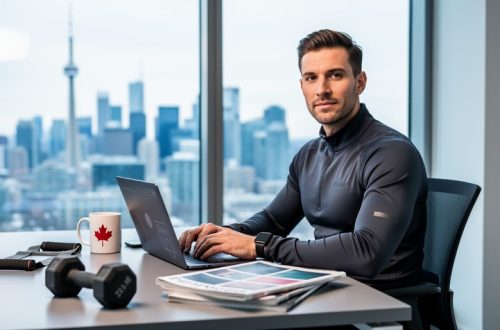 Fitness professional in athleisure typing on a laptop beside unbranded fitness magazines, a resistance band, a dumbbell, and a maple-leaf mug, with the Toronto skyline and CN Tower softly out of focus in the background.