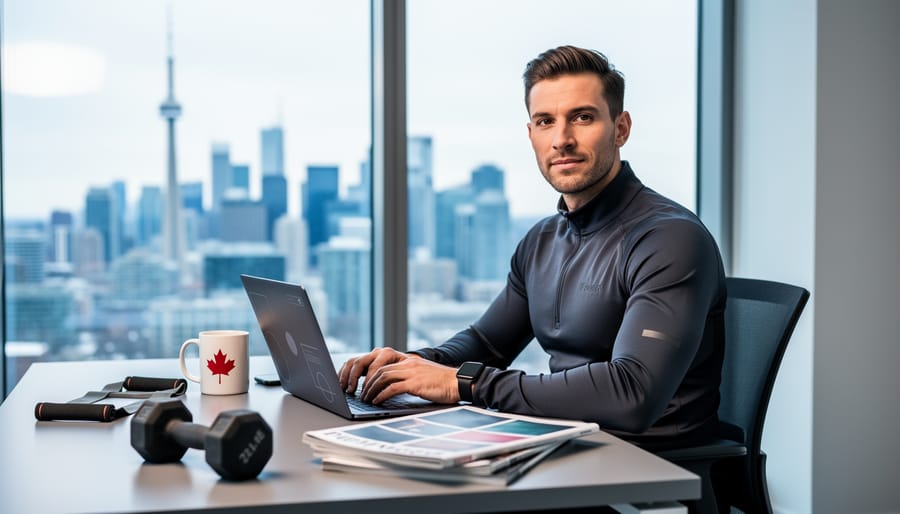 Fitness professional in athleisure typing on a laptop beside unbranded fitness magazines, a resistance band, a dumbbell, and a maple-leaf mug, with the Toronto skyline and CN Tower softly out of focus in the background.