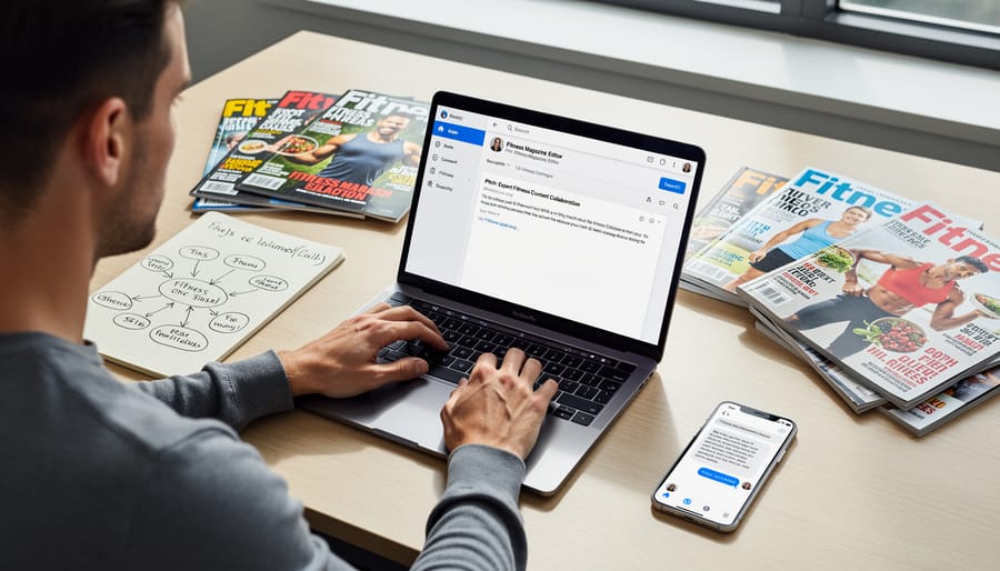 Hands typing pitch email on laptop with smartphone showing magazine website