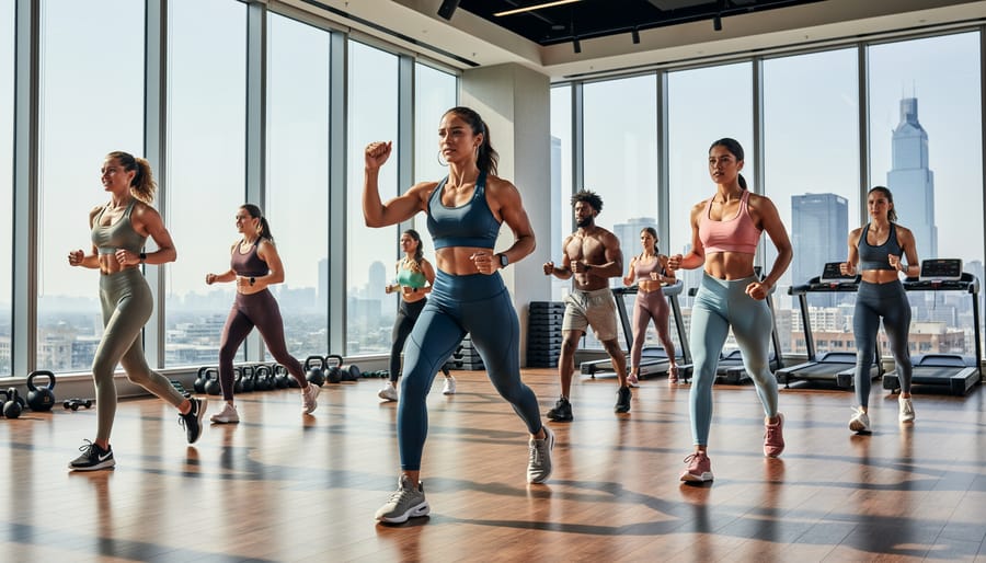 Group of women in fashionable activewear together in fitness studio after workout
