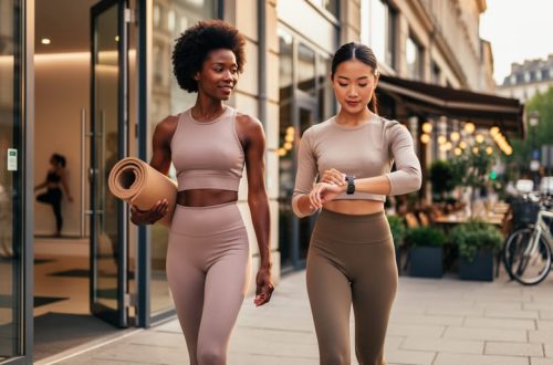 Two women in sustainable athleisure leave a studio onto a city sidewalk at golden hour, one carrying a yoga mat and the other adjusting a smartwatch, with a softly blurred cafe and greenery behind them