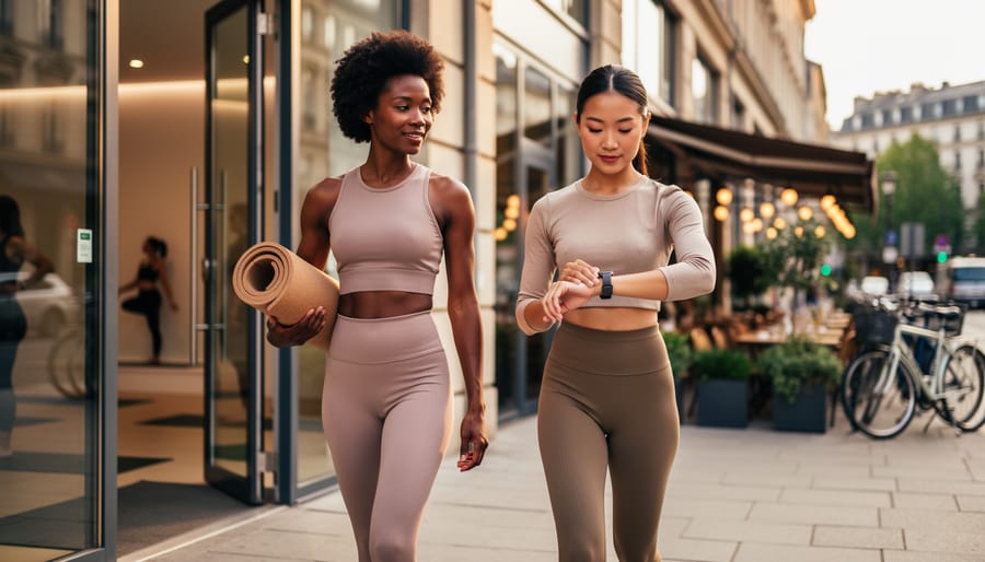 Two women in sustainable athleisure leave a studio onto a city sidewalk at golden hour, one carrying a yoga mat and the other adjusting a smartwatch, with a softly blurred cafe and greenery behind them