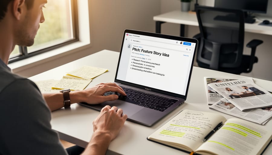 Person writing guest post pitch on laptop with research materials on desk