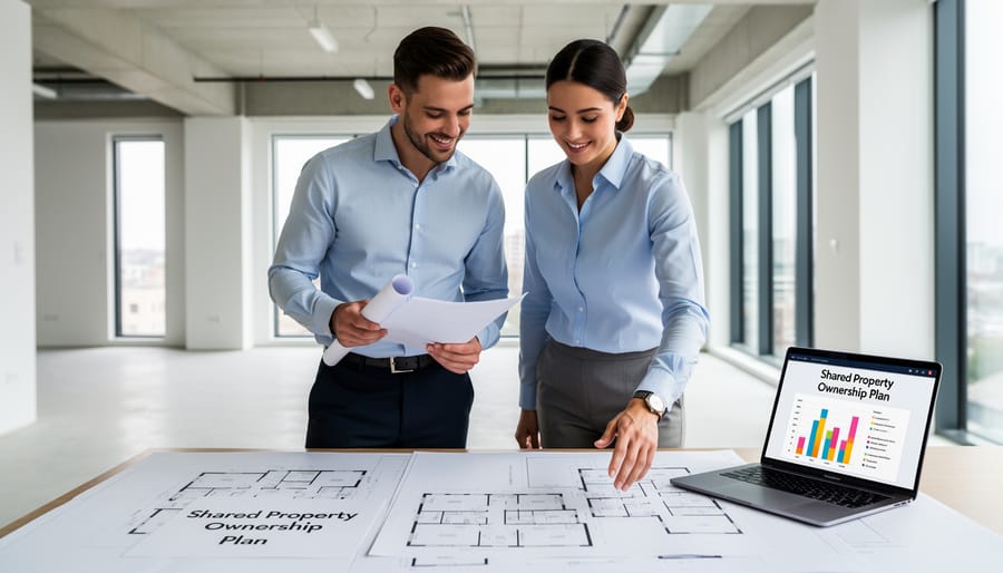 Two partners reviewing property renovation plans inside a bright living room