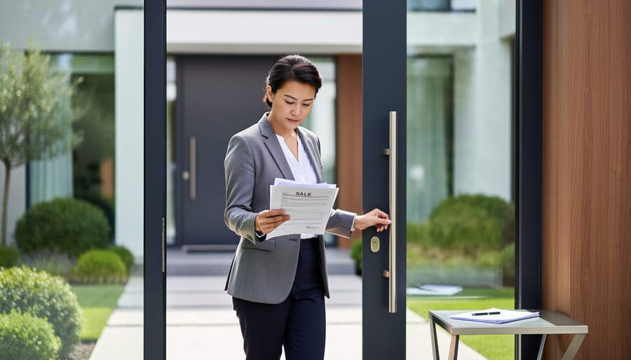 Entrepreneur holding property sale paperwork near a modern townhouse entrance