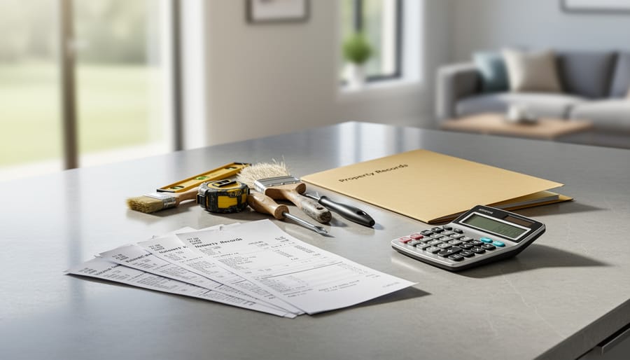 Receipt folder and renovation tools on a kitchen island