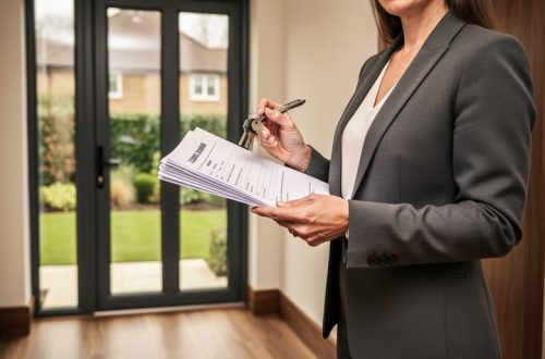 A homeowner reviewing property sale documents near a modern front door with keys and a pen in hand.