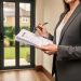 A homeowner reviewing property sale documents near a modern front door with keys and a pen in hand.