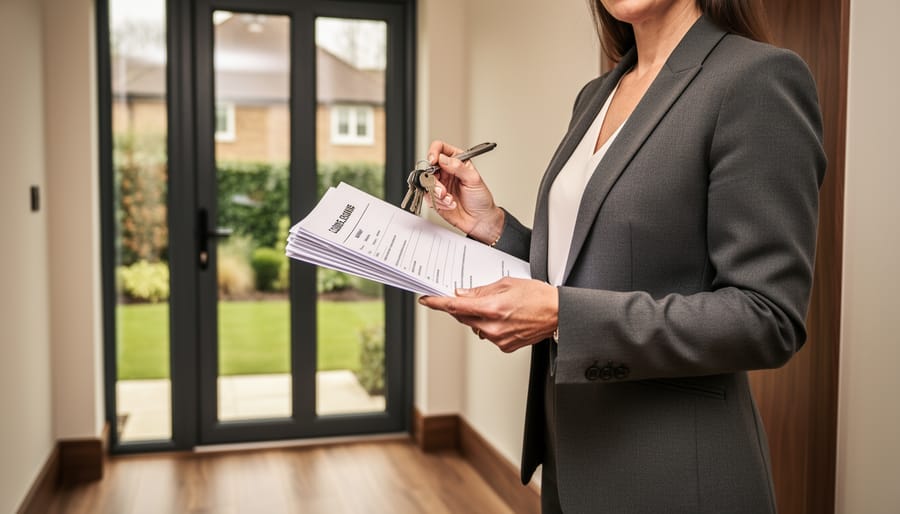 A homeowner reviewing property sale documents near a modern front door with keys and a pen in hand.