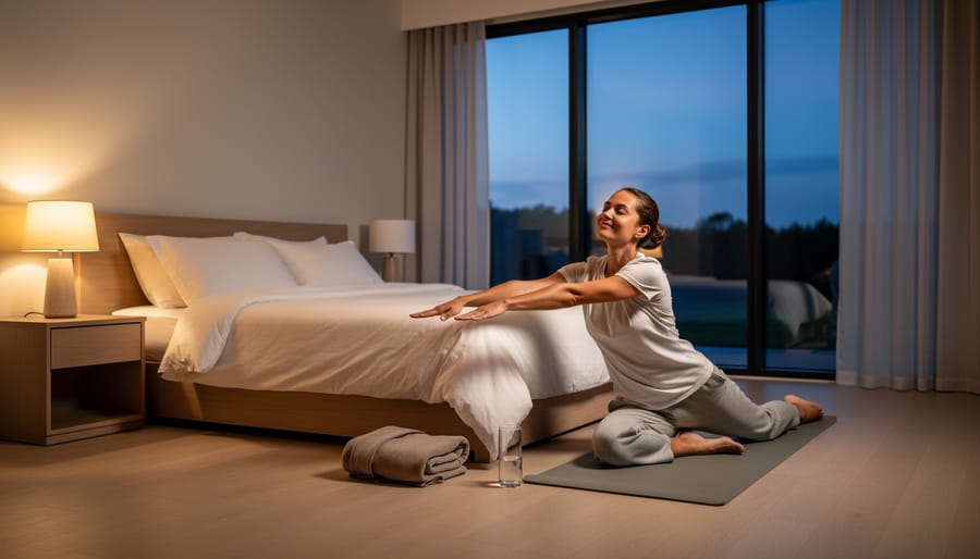 Woman doing a gentle stretching pose on a yoga mat during a warm evening at home.