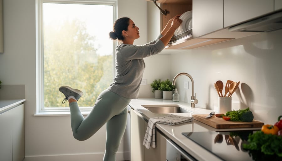 Woman doing a supported push-up using a kitchen counter while preparing healthy cooking items.