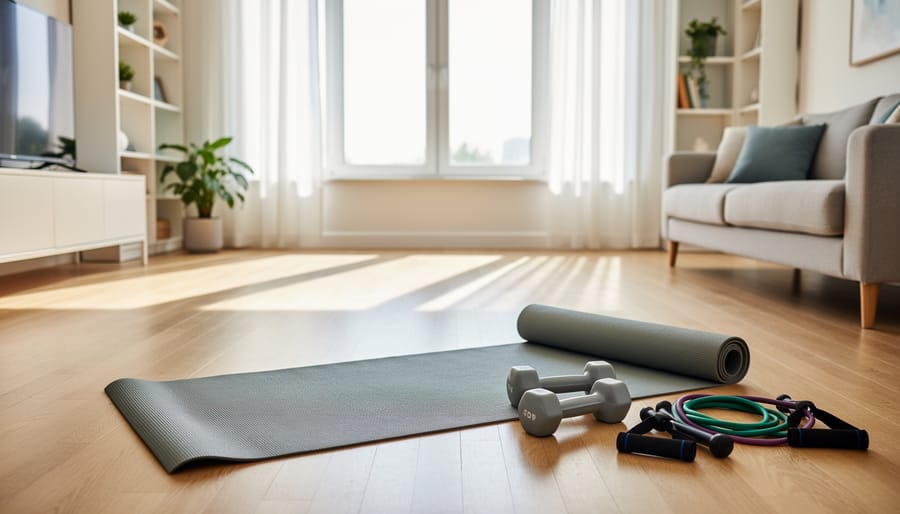 Woman prepares a yoga mat in a bright living room with resistance bands and small weights nearby.