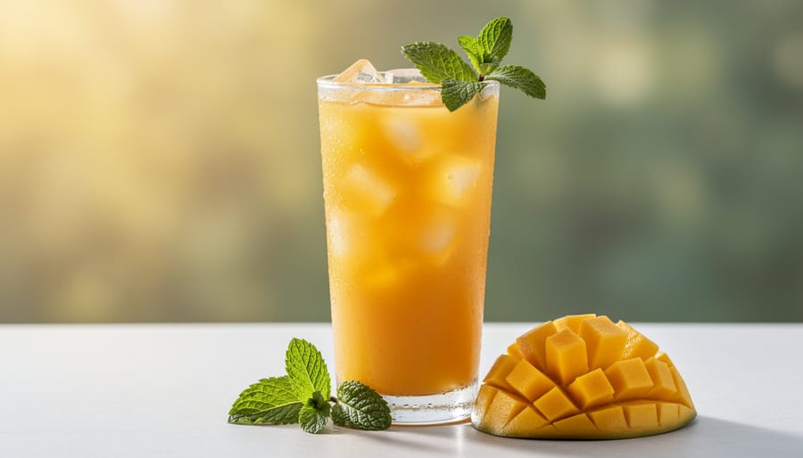 Mango e-liquid bottle with mint leaves and ice beside a vape device