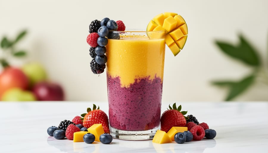 Close-up of mango-berry e-liquid bottle with blueberries and strawberries