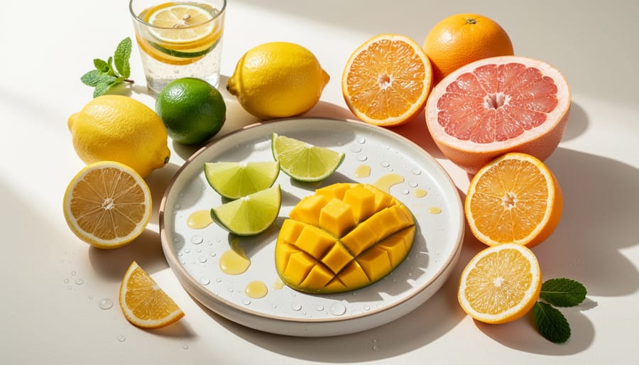 Mango citrus e-liquid bottle surrounded by orange, grapefruit, and lime