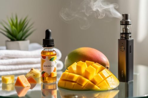 Glass tabletop still-life with a mango e-liquid bottle, sliced mango and tropical fruit, and subtle vapor in a wellness-themed vaping scene.