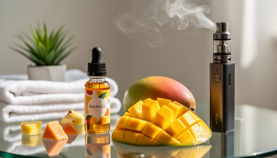 Glass tabletop still-life with a mango e-liquid bottle, sliced mango and tropical fruit, and subtle vapor in a wellness-themed vaping scene.