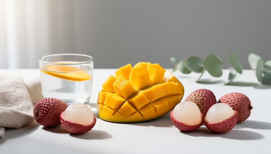 Elegant mango and lychee arrangement with a premium mango e-liquid bottle