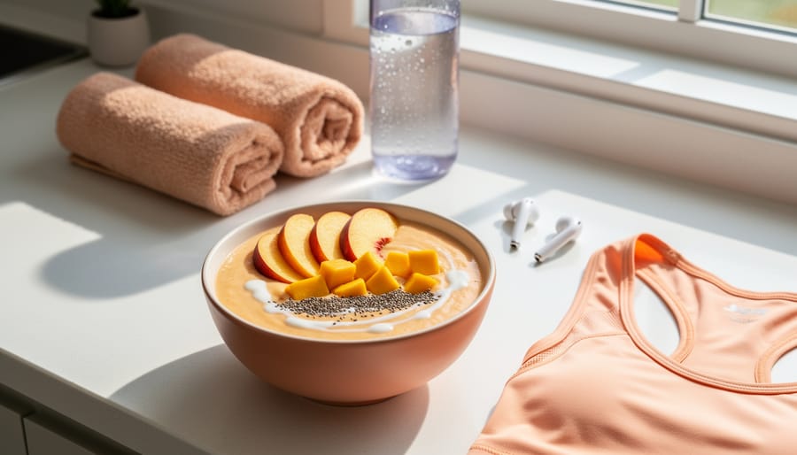 Mango-peach e-liquid bottle with mango and peach slices near a yoga mat