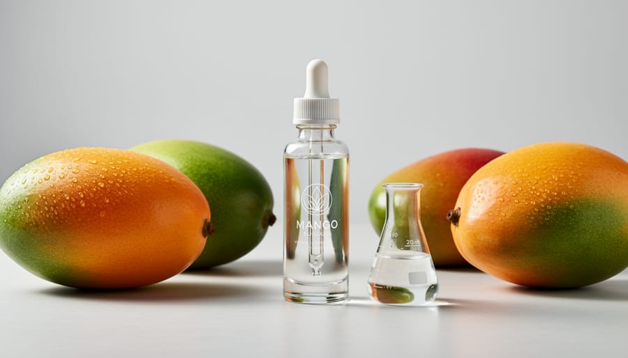Organic mangoes in a wooden crate with a clear mango essence e-liquid bottle