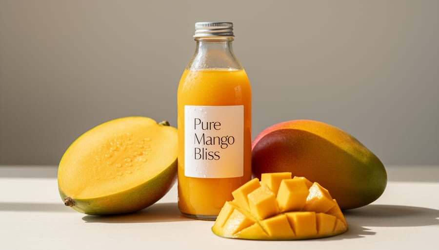 Ripe mango half and mango-colored e-liquid bottle on a clean surface