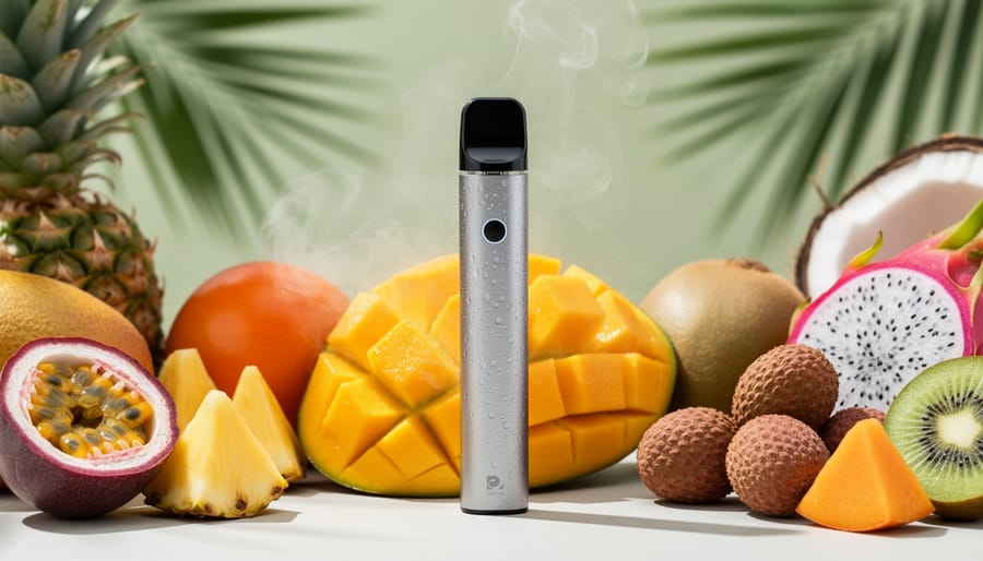 Tropical fruits including mango, pineapple, passionfruit, and coconut arranged around a mango e-liquid bottle
